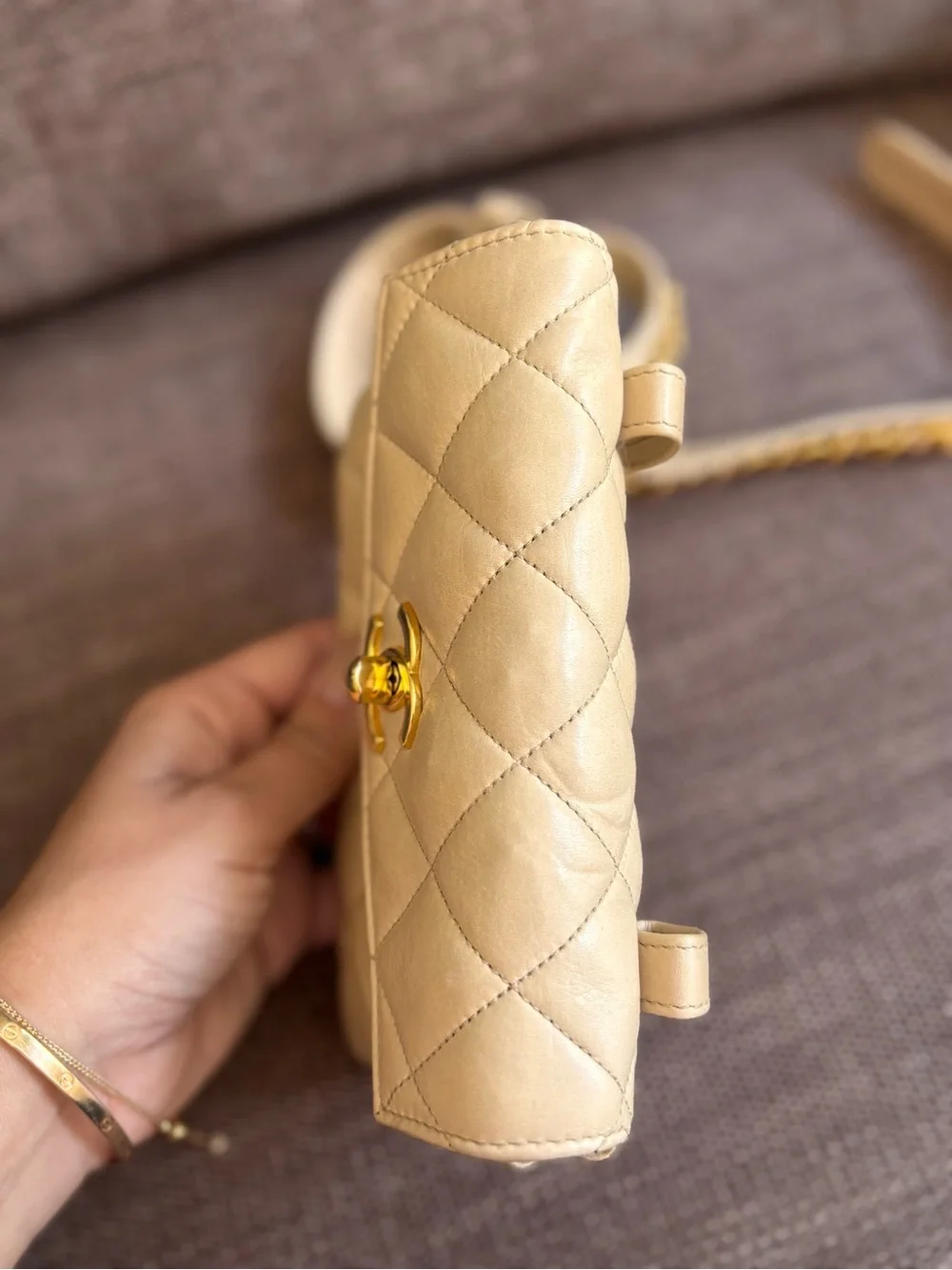 Authentic CHANEL vintage 1980s mini beige lambskin leather bum belt bag 75cm